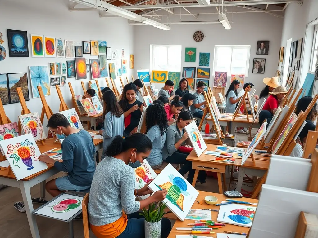 A hands-on creative workshop where participants are actively involved in creating art under the guidance of experienced instructors, fostering creativity and skill development.