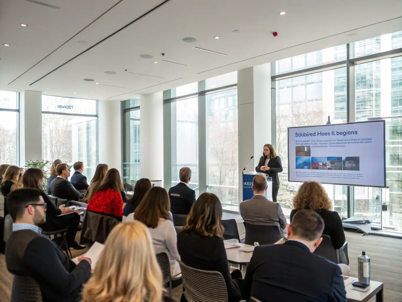 A dynamic conference setting with speakers presenting on contemporary art topics, engaging the audience in thought-provoking discussions and knowledge sharing.