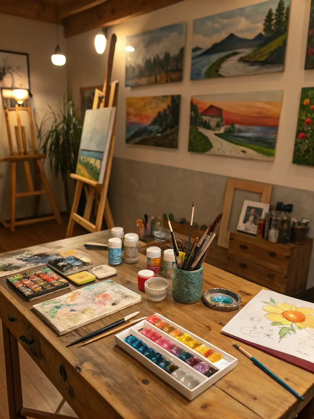 A serene photograph of an artist working in their studio during a residency at EMPRISE MARSEILLE, surrounded by their tools and materials.