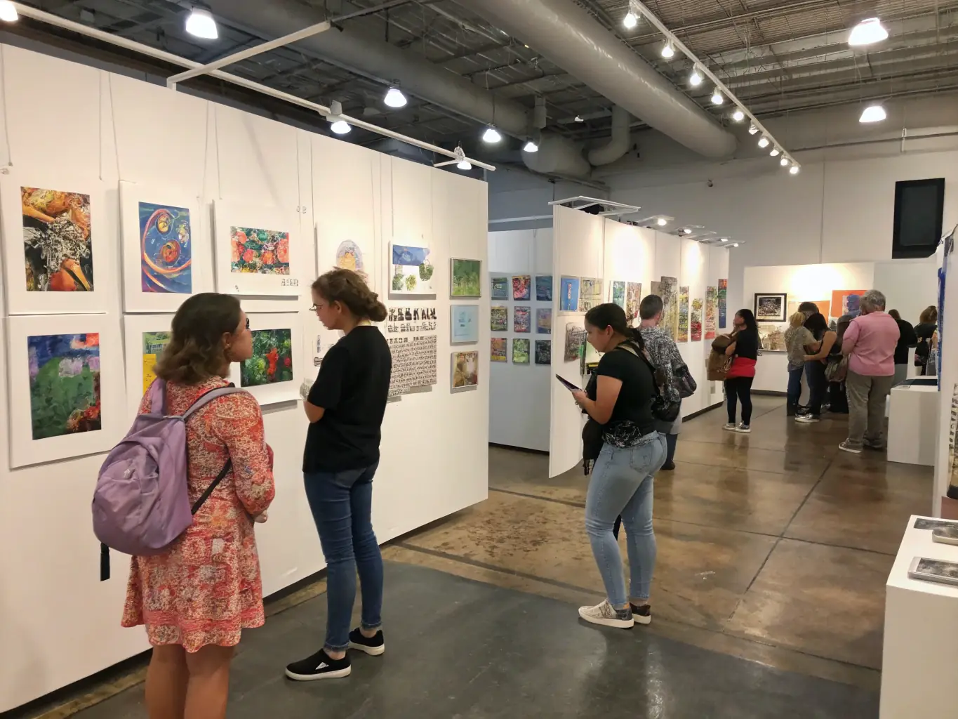 A photograph capturing a vibrant art exhibition at Emprise Marseille, showcasing diverse artworks and engaged attendees.