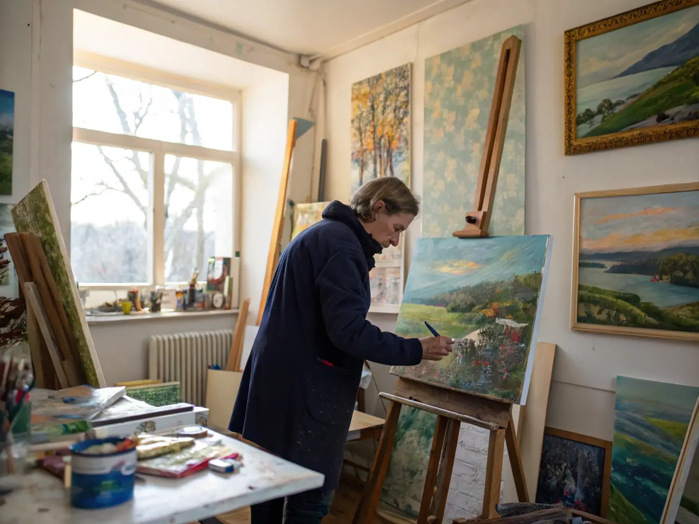 A serene and inspiring image of an artist working in their studio during an Emprise Marseille residency, with views of the city in the background.