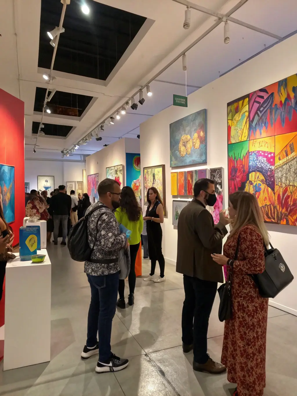 A vibrant photograph capturing the opening night of an art exhibition at EMPRISE MARSEILLE, showcasing diverse artworks and engaged attendees.