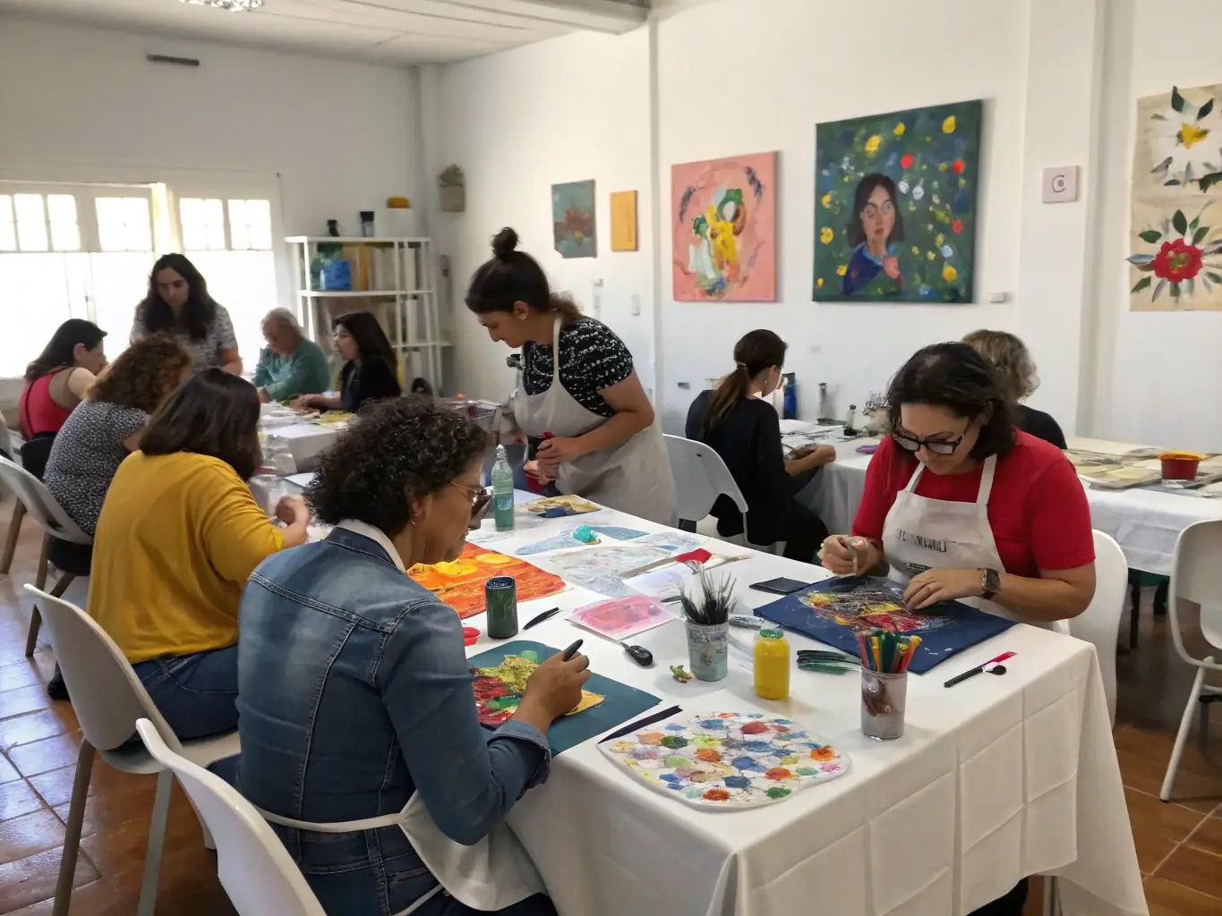 A dynamic image of a creative workshop in progress, with participants actively involved in hands-on art-making activities.