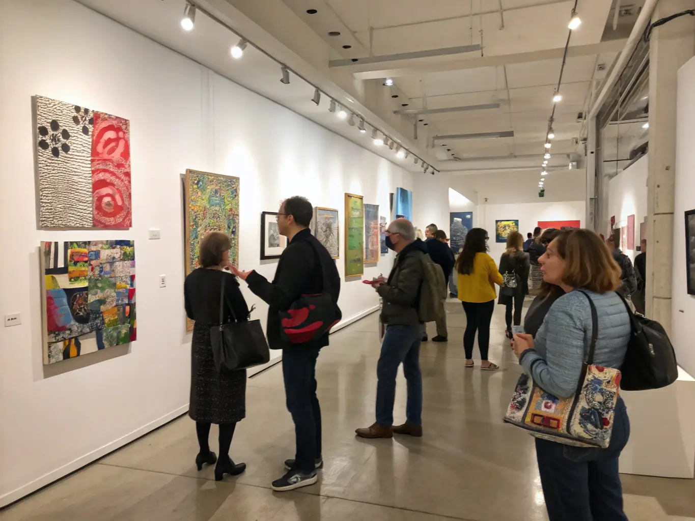 A vibrant art exhibition showcasing diverse contemporary artworks, with artists and visitors engaging in discussions and appreciation of the displayed pieces.
